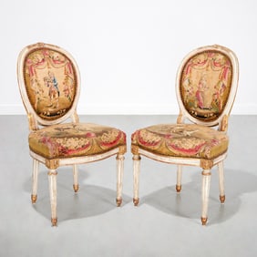 Pair Louis XVI painted Aubusson chairs