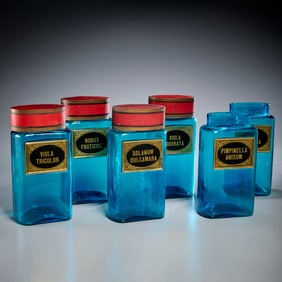 Group (6) French blue glass apothecary jars