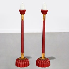 Pair Japanese red lacquer temple candle prickets