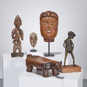 (5) African tribal masks, figures and a stool