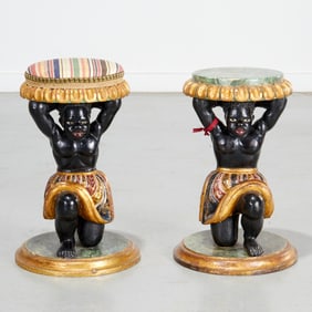Near pair Venetian polychromed figural tables