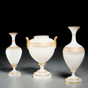 Continental gilt opaline glass vases and urn