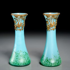 Pair Kralik style ormolu mounted art glass vases