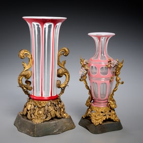 (2) Palais Royal ormolu mounted cased glass vases