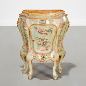 Venetian paint decorated bombe commodino