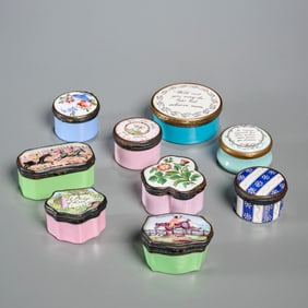 (9) Antique English enamel patch & snuff boxes
