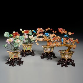 (4) Chinese cloisonne and hardstone "jade" trees
