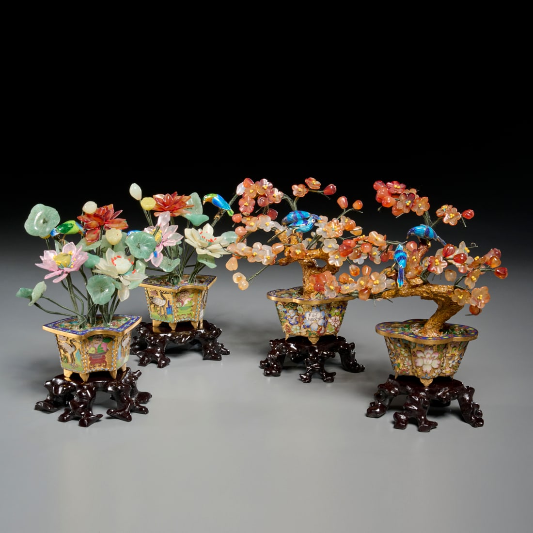 (4) Chinese cloisonne and hardstone "jade" trees (1 of 10)