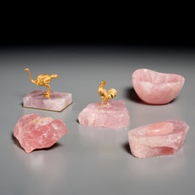 (5) miniature rose quartz and ormolu accessories
