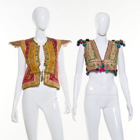 (2) vintage ethnographic metallic thread vests