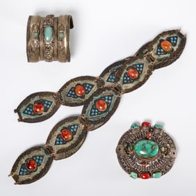 Group Asian silver and turquoise jewelry