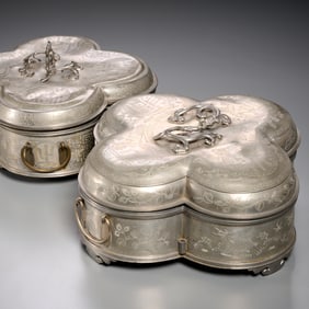 (2) Chinese engraved pewter sweetmeat sets