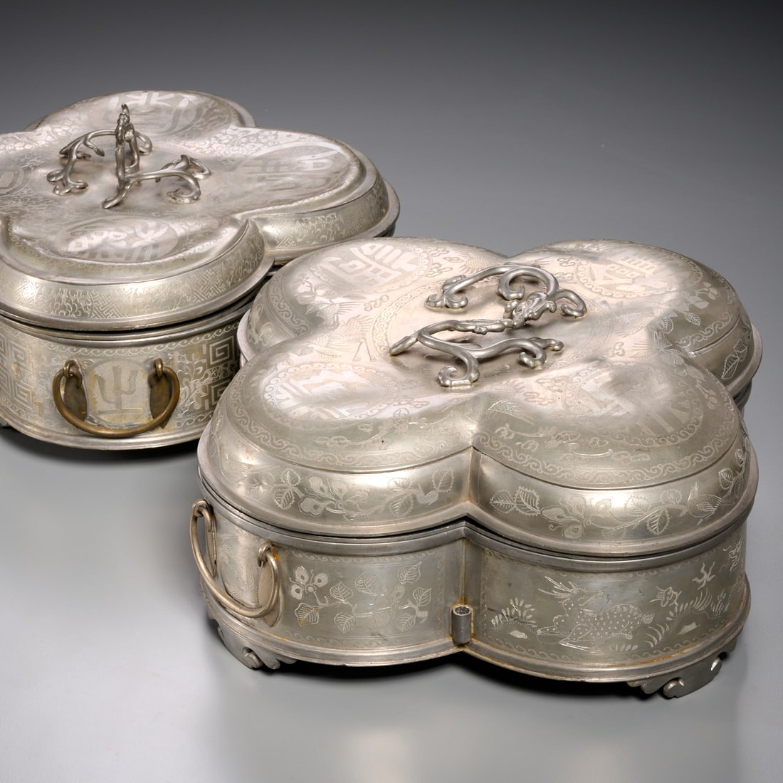(2) Chinese engraved pewter sweetmeat sets (1 of 8)