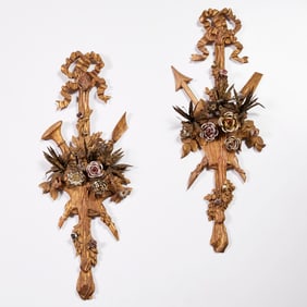 Italian giltwood, tole, porcelain trophy appliques