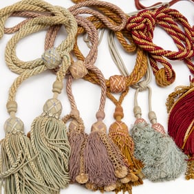 Collection assorted rope twist tieback tassels