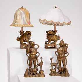 (2) Pairs Chinese patinated brass lamps