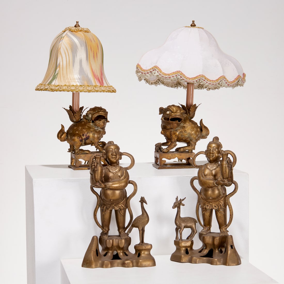 (2) Pairs Chinese patinated brass lamps (1 of 7)