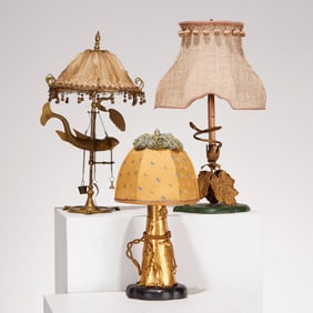 Group (3) Victorian gilt bronze and brass lamps