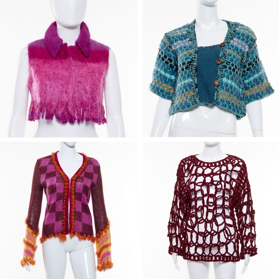 Group of colorful sweaters: Group of colorful sweaters, (1) Unbranded open work wine chenille, tunic style, 38"b, 27"l, (1) Voyage Passion mixed media cardigan with velvet & fur trim in pinks & purples, 32"b, 23"l, 25"sl, (1) cr