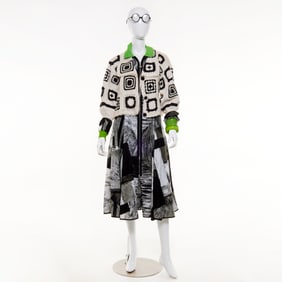 Contemporary print dress with crochet sweater