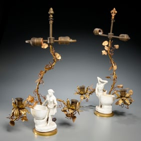 Pair Continental blanc de chine and tole lamps