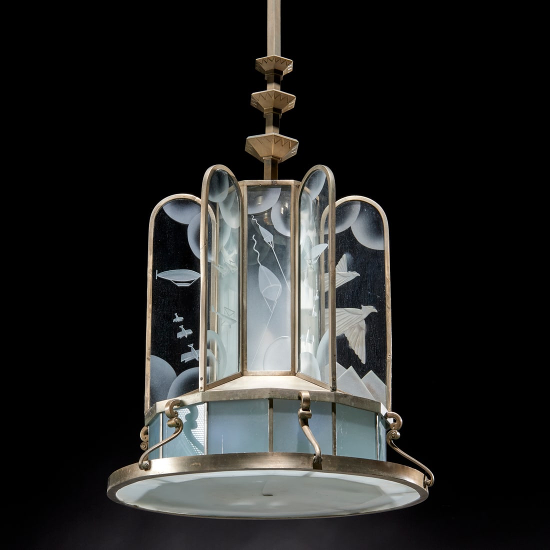 Art Deco etched glass aviator chandelier (1 of 9)