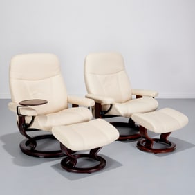 Ekornes, pair leather recliners and ottomans