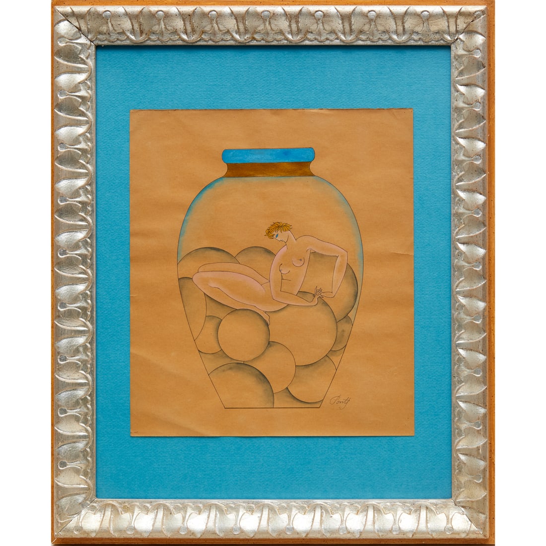 Gio Ponti, mixed media on paper: Gio Ponti, mixed media on paper, Gio Ponti (Italian, 1891-1979), Nude in Vase, c. 1925, ink and gouache on paper, signed lower right, 13.5"h x 11.75"w (sheet), 22.75"h x 18.5"w (frame) Provenance: A P