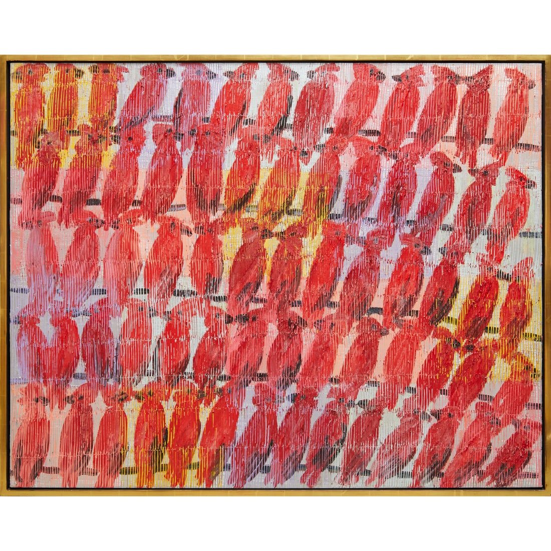 Hunt Slonem, large oil on canvas, 2020: Hunt Slonem, large oil on canvas, 2020, Hunt Slonem (American, b. 1951), "Cardinals Louisiana", signed, titled and dated verso, 48"h x 60"w (stretchers), 50"h x 62.25"w (frame)