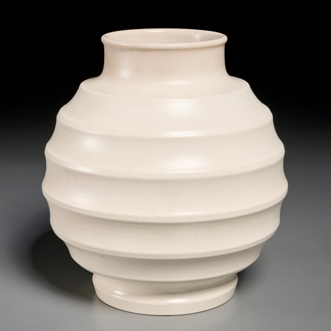 Keith Murray for Wedgwood, Moonstone vase: Keith Murray for Wedgwood, Moonstone vase, First half 20th c., England, eggshell tone glaze with ribbed body, marked underside, 9.5"h x 7.5"w Provenance: A Private Collection: 165 East 72nd Street, NY
