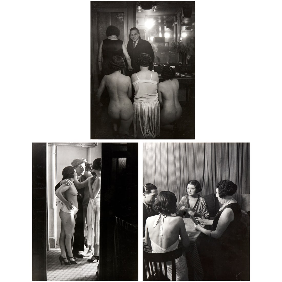 Brassai, (3) signed photographs, c. 1932: Brassai, (3) signed photographs, c. 1932, Brassai (Gyula Halasz) (French, 1899-1984), scenes from Chez Suzy, likely printed 1970s, studio stamps verso, each signed in pencil, marked "Pl.362", "Pl.365"