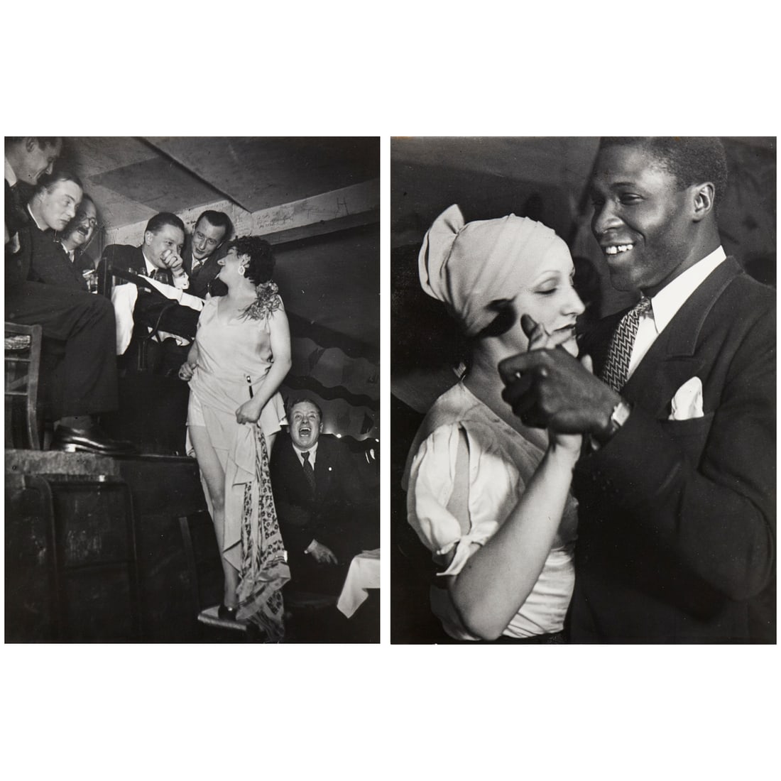 Brassai, (2) signed photographs, c. 1931-32: Brassai, (2) signed photographs, c. 1931-32, Brassai (Gyula Halasz) (French, 1899-1984), Couple au Bal Blomet (Pl.466) and Kiki de Montparnasse, Caberet au Fleurs (Pl.494), likely printed 1970s, studi