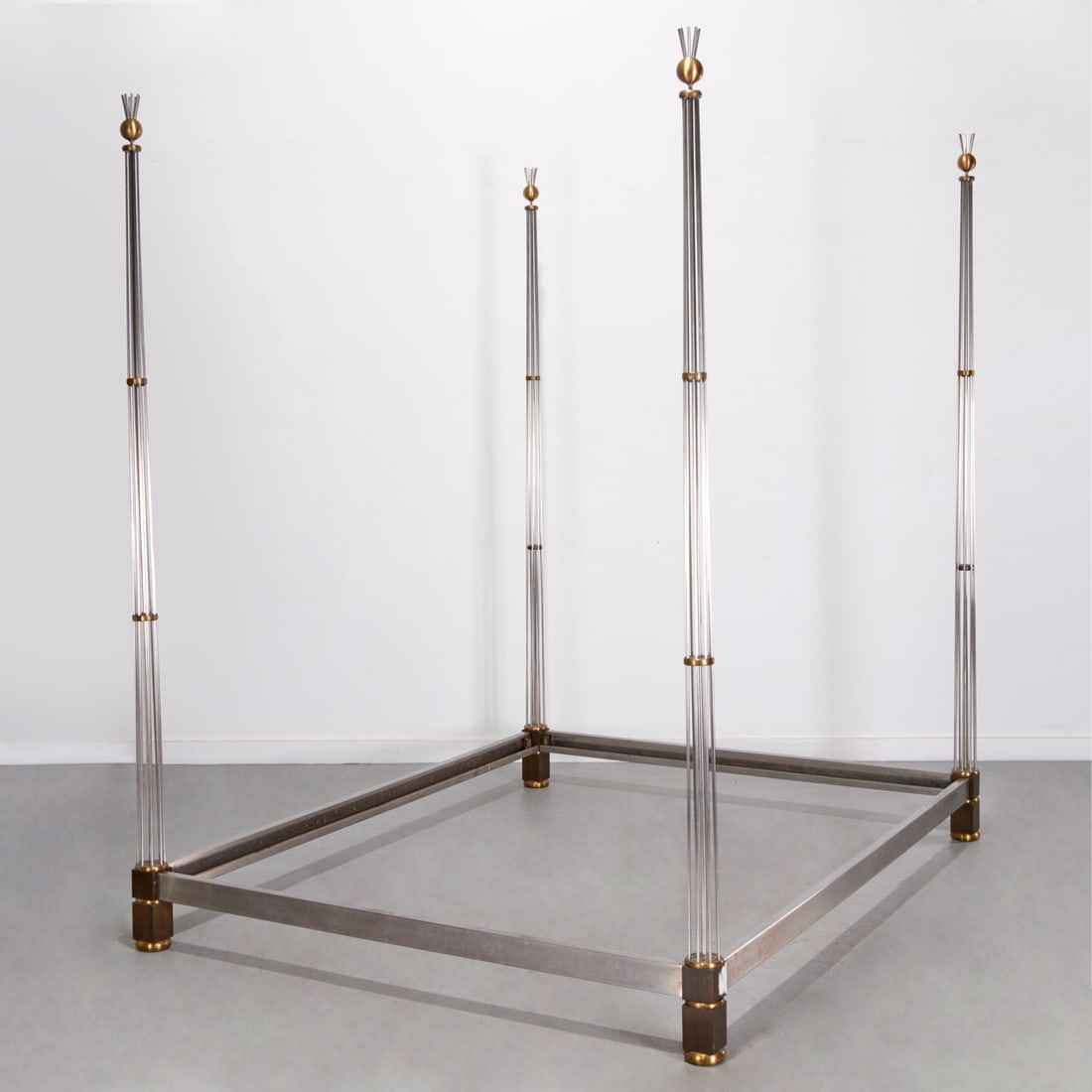 Don Cameron, custom steel poster bed, c. 1972: Don Cameron, custom steel poster bed, c. 1972, Donald Cameron (American, 1924-2011), steel and brass, each post composed of grouped steel rods with bronze ring supports, topped with ball finials, unma