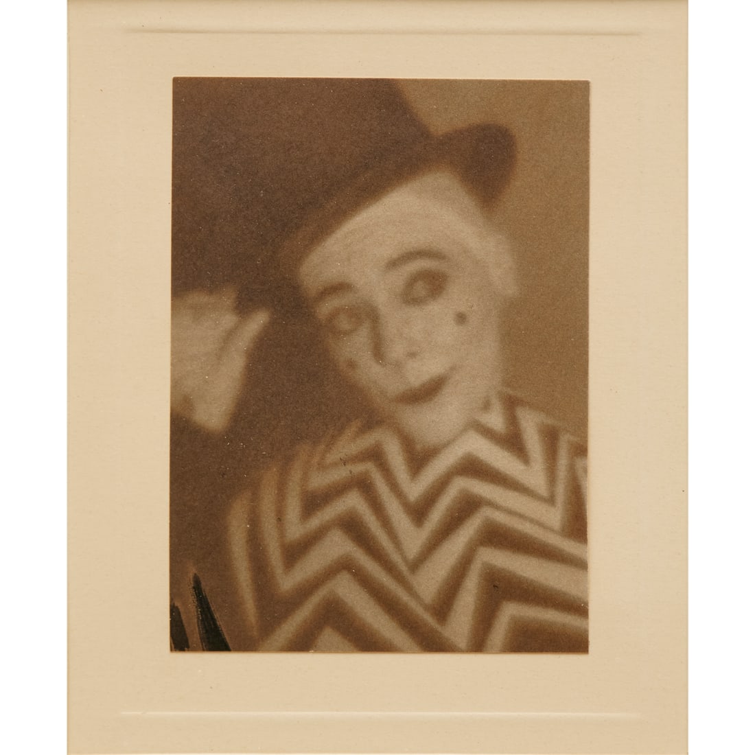 Paul Outerbridge, platinum print: Paul Outerbridge, platinum print, Paul Outerbridge, Jr. (American, 1896-1958), "Paula as Pierrot", platinum print on paper mounted on board, no signature observed, Christie's lot sticker to frame, 4"h
