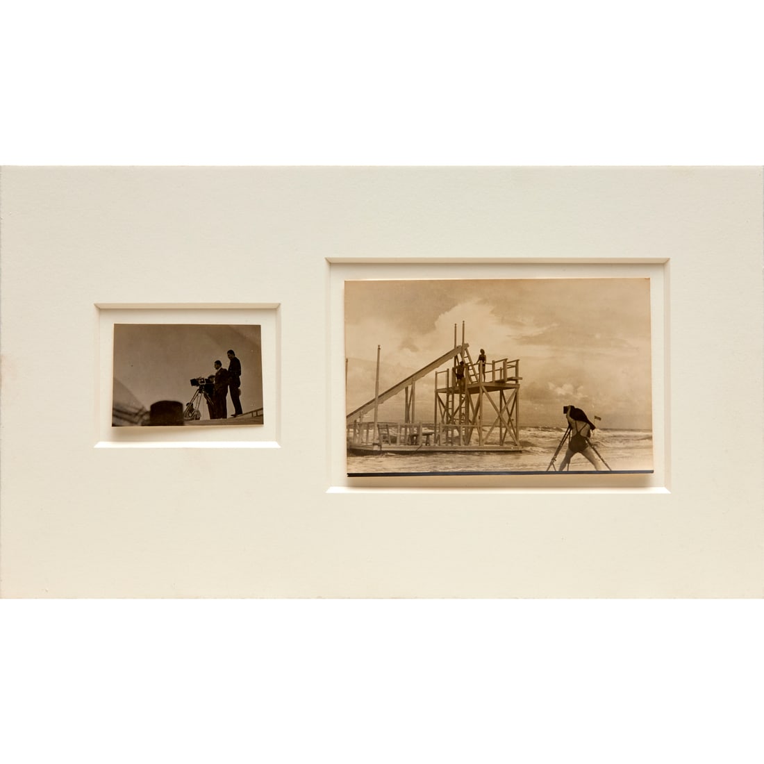 Man Ray, (2) silver gelatin photographs: Man Ray, (2) silver gelatin photographs, Man Ray (Emmanuel Radnitzky), (American, 1890-1976), Men with Camera, on photo paper, partial stamp verso, possibly photographer’s rue Campagne Premiere stam