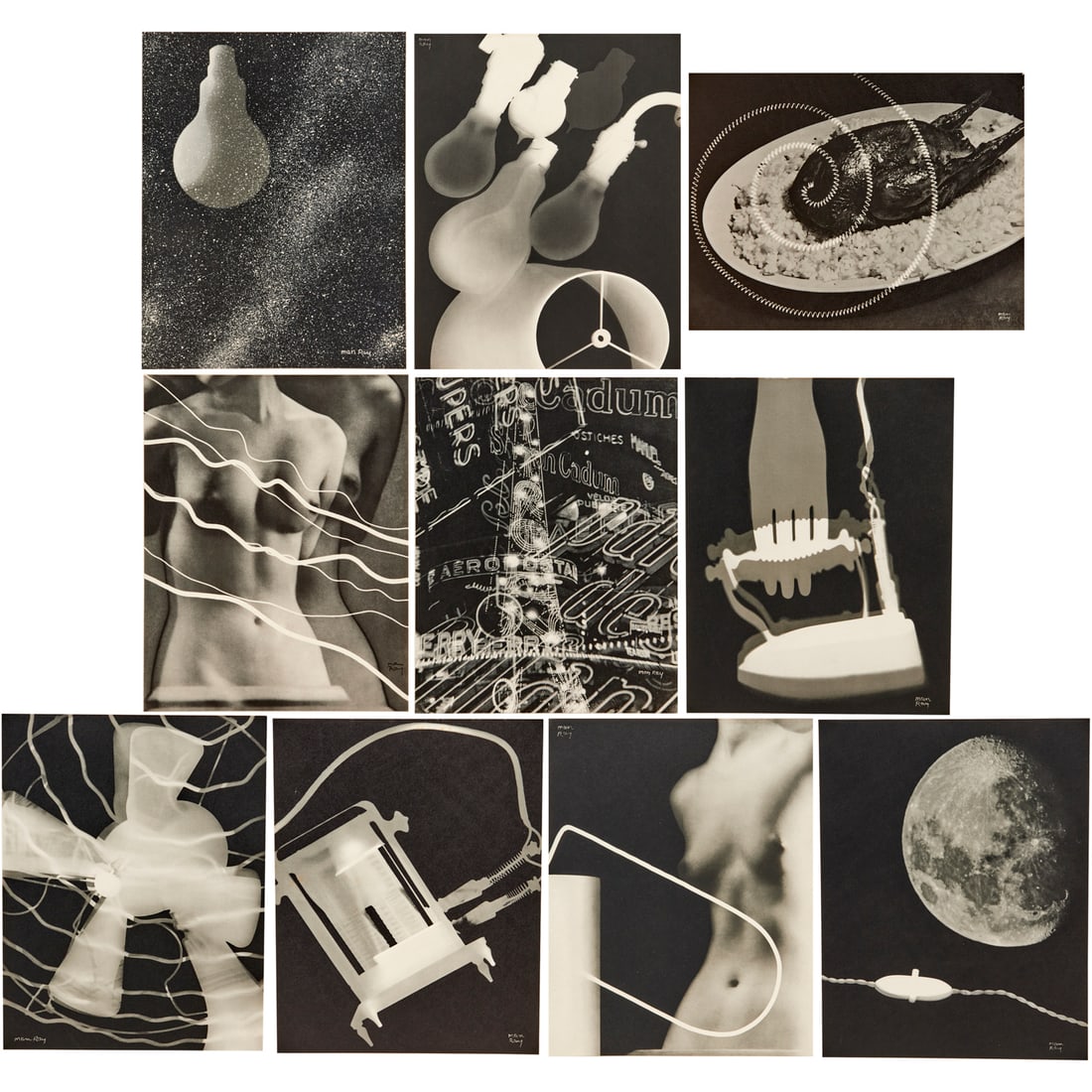 Man Ray, photogravure portfolio, 1931: Man Ray, photogravure portfolio, 1931, Man Ray (Emmanuel Radnitzky), (American, 1890-1976), "Electricite" series, (10) photogravures after rayographs, each signed in negative, unframed, matted, in arc