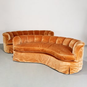 Nice pair Danish style curved velvet sofas