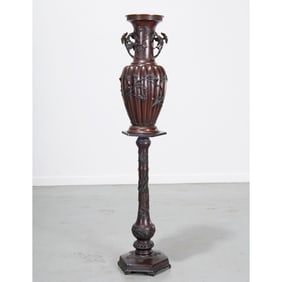 Japanese Meiji bronze relief vase and pedestal