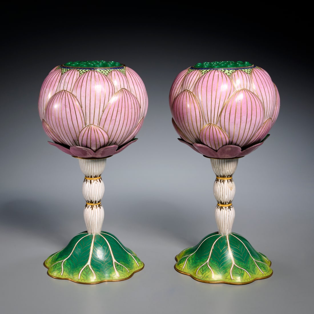 Pair Chinese cloisonne lotus-form censers: Pair Chinese cloisonne lotus-form censers, 20th c., now mounted as lamps, naturalistically modeled, with lotus blossom censer dome on pedestal stem, unmarked, each 13.75"h x 6.75"dia Provenance: A Pri