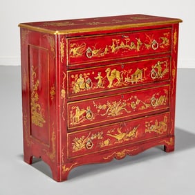 George I style red japanned chest of drawers