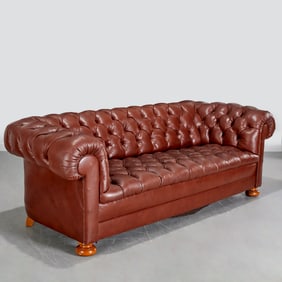 English style brown leather Chesterfield sofa