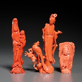 Group (3) Chinese coral Guanyin carvings