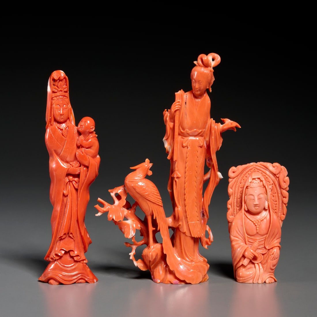 Group (3) Chinese coral Guanyin carvings (1 of 7)