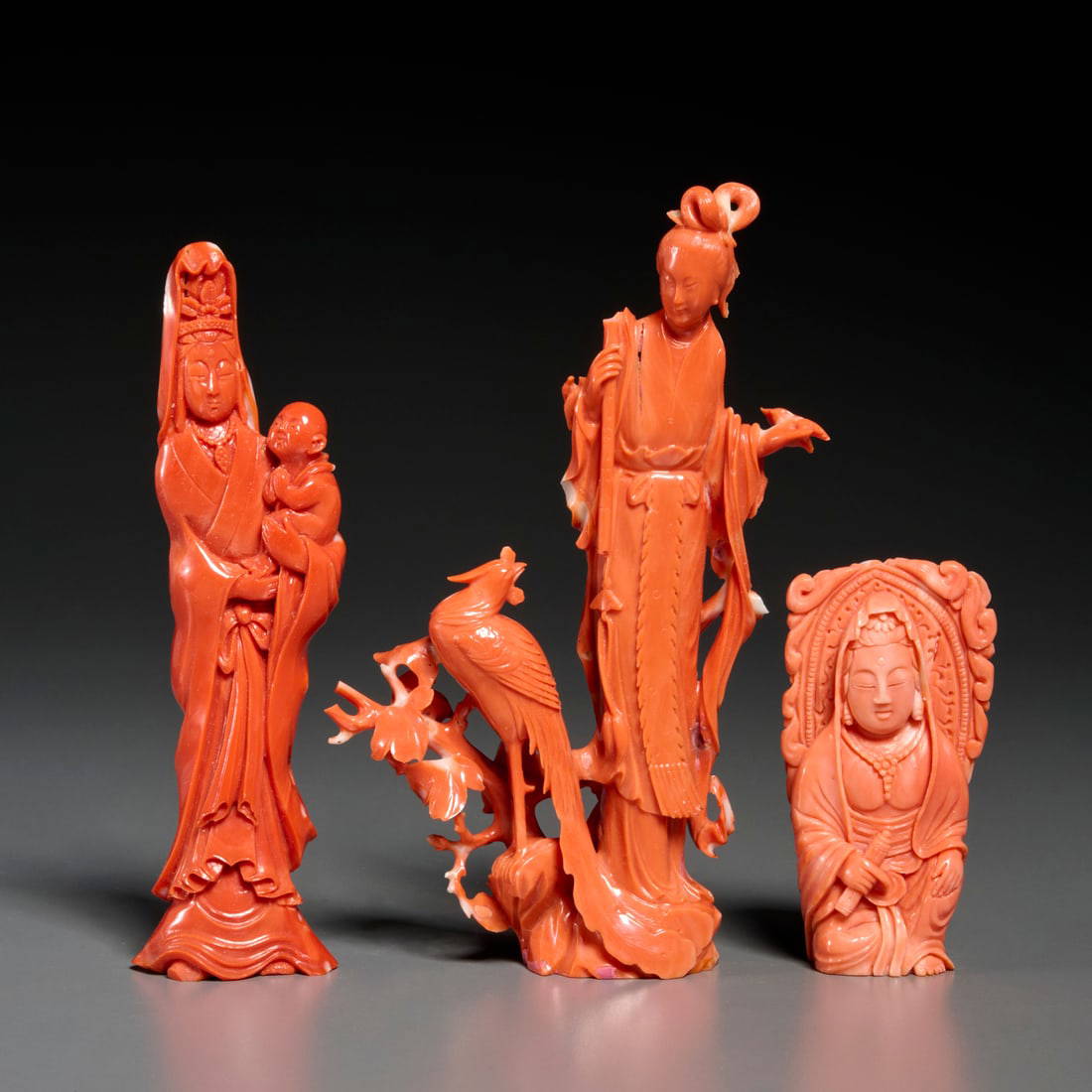 Group (3) Chinese coral Guanyin carvings