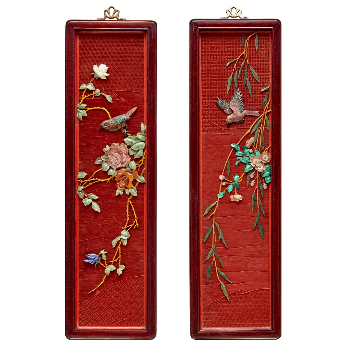 Pair Chinese hardstone inlaid cinnabar panels (1 of 5)