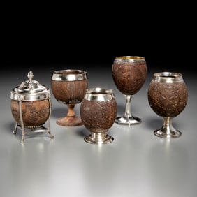 Group (5) English silver-mounted coconut cups