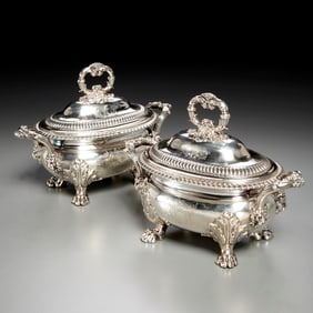 Pair George III silver sauce tureens and covers