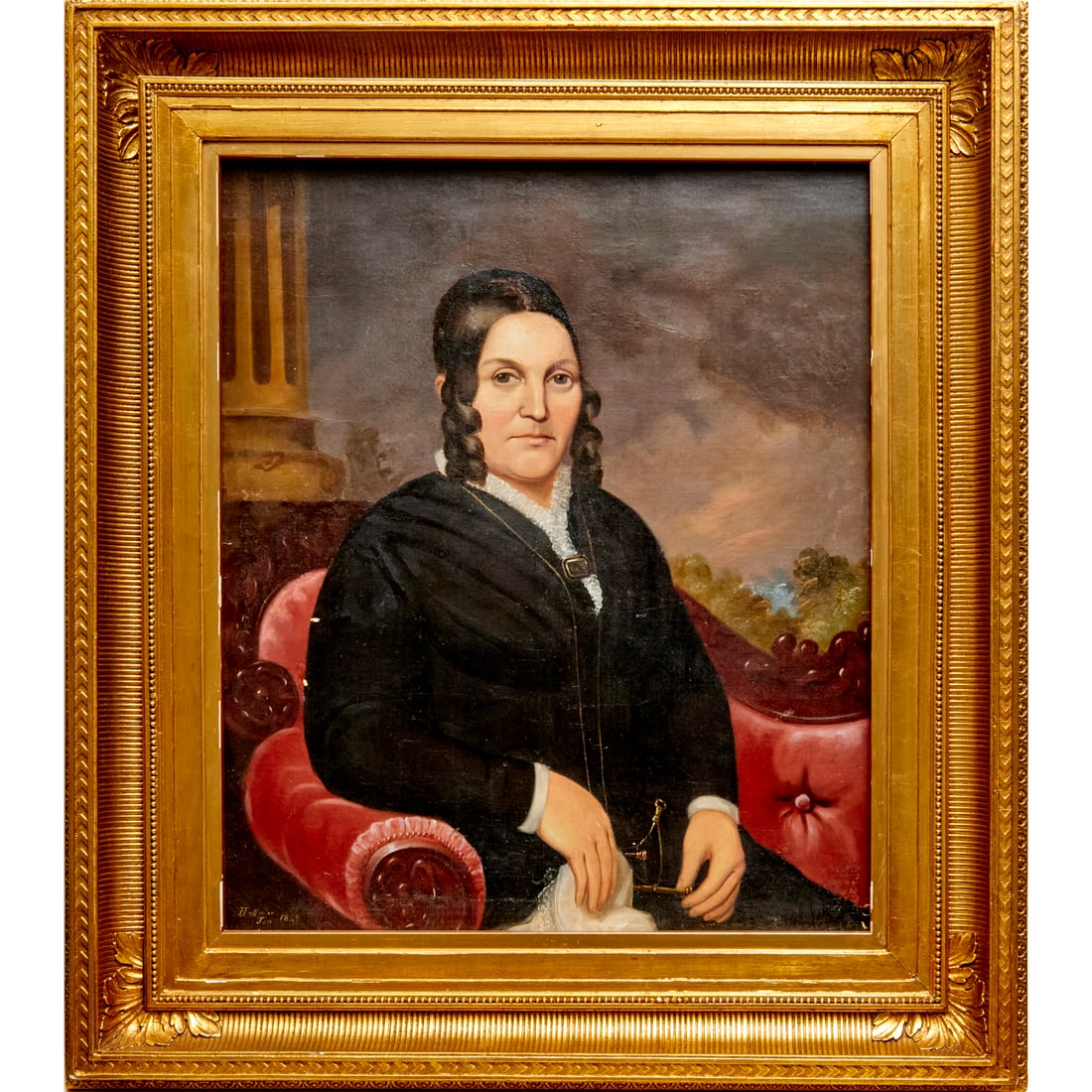 American School, oil on canvas, signed Hoffman: American School, oil on canvas, signed Hoffman, American School (New York, c. 1849), Portrait of a Lady, signed "Hoffman" and dated lower left, 34"h x 27"w (stretchers), 44"h x 39"w x 3.25"d (frame) P