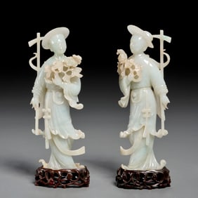 Pair Chinese jadeite carvings, ex Grimaldi Seabra