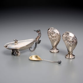 (3) English sterling "Grotto" shakers and cellar
